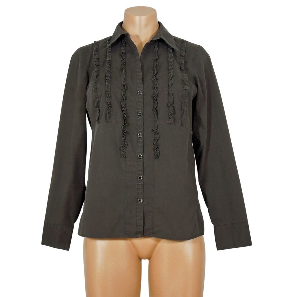 ANN TAYLOR Shirt Petites 6P Womens Small Ruffle Trim Front V-Nneck Button Down